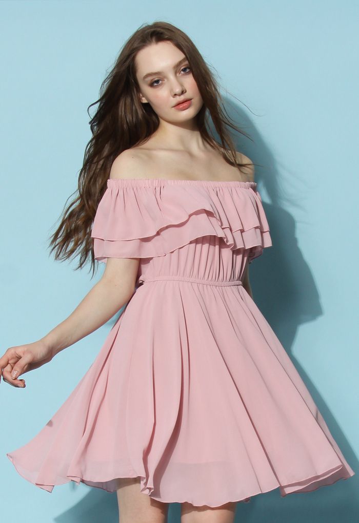 Endless Off-shoulder Frilling Dress in Pastel Pink - Retro, Indie and ...