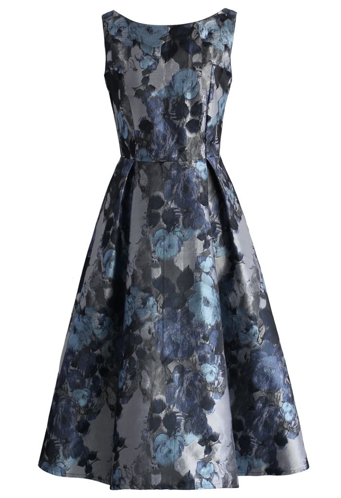 Floral Jacquard Sleeveless Midi Dress - Retro, Indie and Unique Fashion