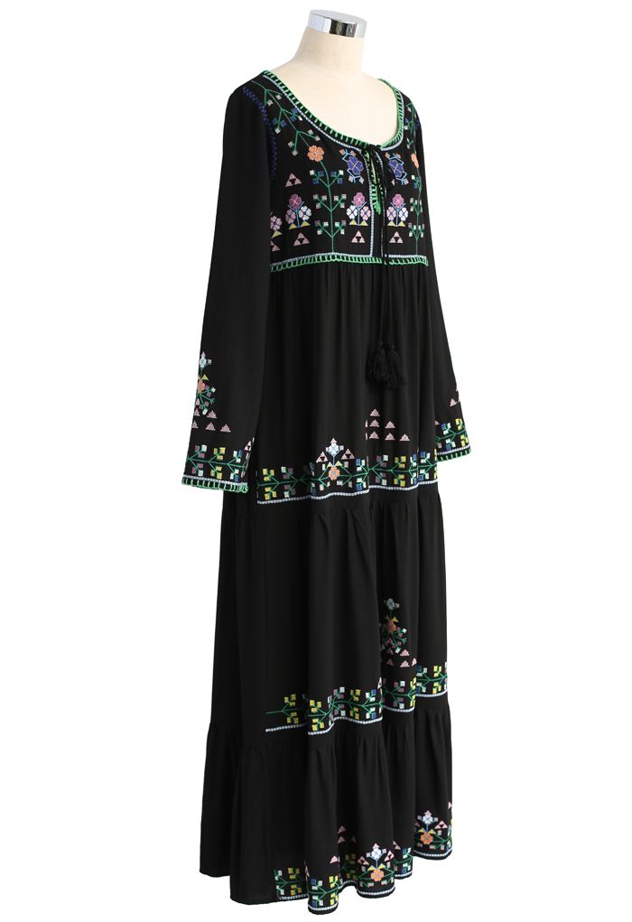 Black Prairie Embroidered Maxi Dress - Retro, Indie and Unique Fashion