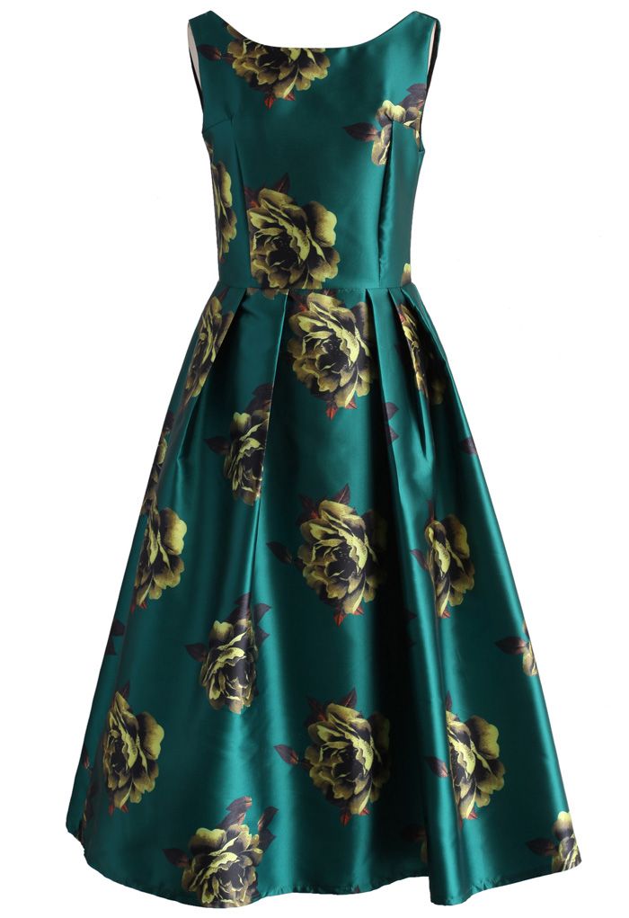 Peonies Print Prom Dress in Emerald - Retro, Indie and Unique Fashion