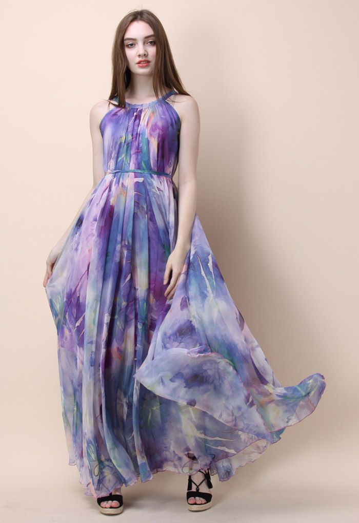 Watercolor Floral and Alcohol-Ink Printed Satin Silk Chiffon -  Purple/Blue/White