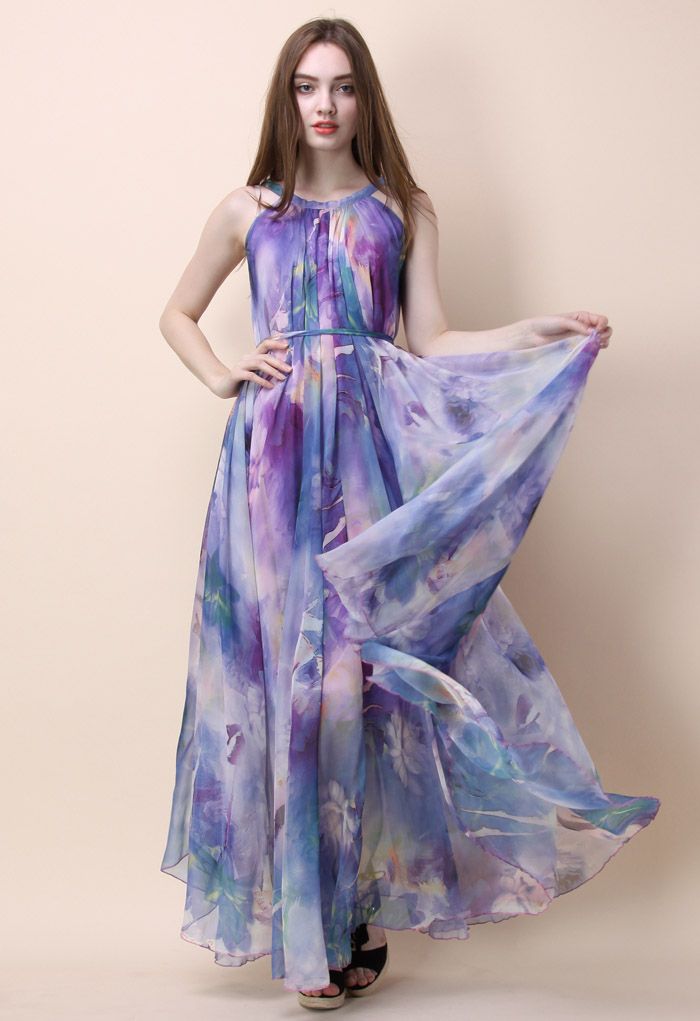 Floral Watercolor Maxi Slip Dress in Violet - Retro, Indie and Unique ...