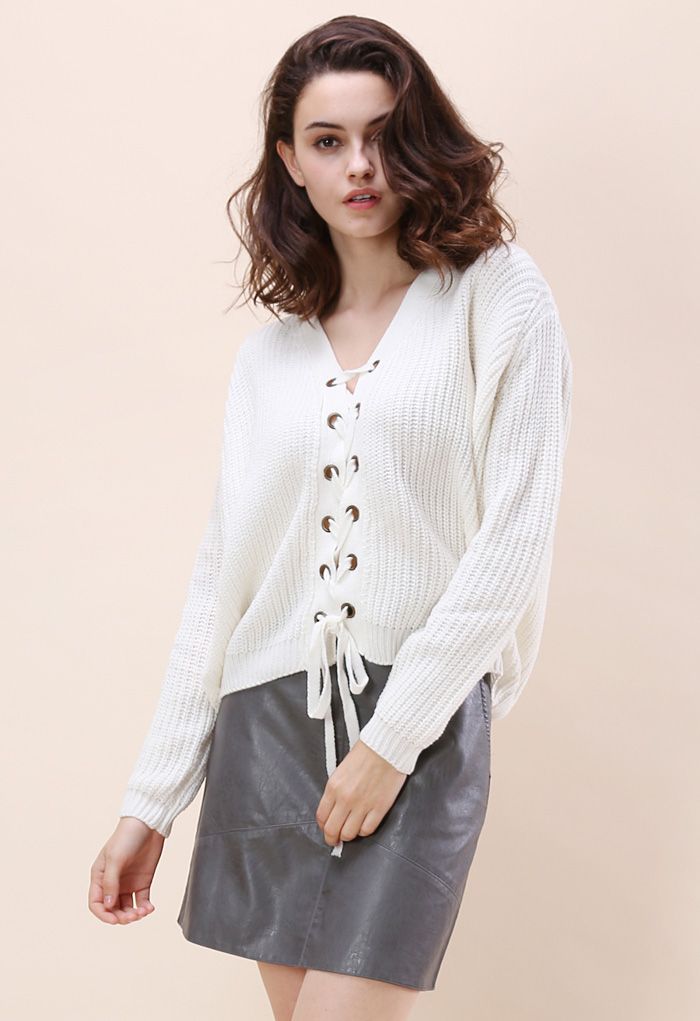Lace-up Rhythm Sweater in White - Retro, Indie and Unique Fashion