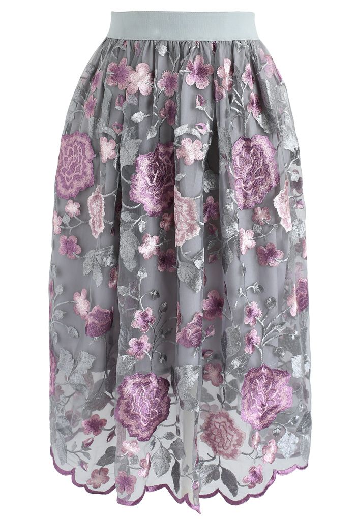 Showy Peony Embroidered Mesh Skirt in Grey - Retro, Indie and Unique ...