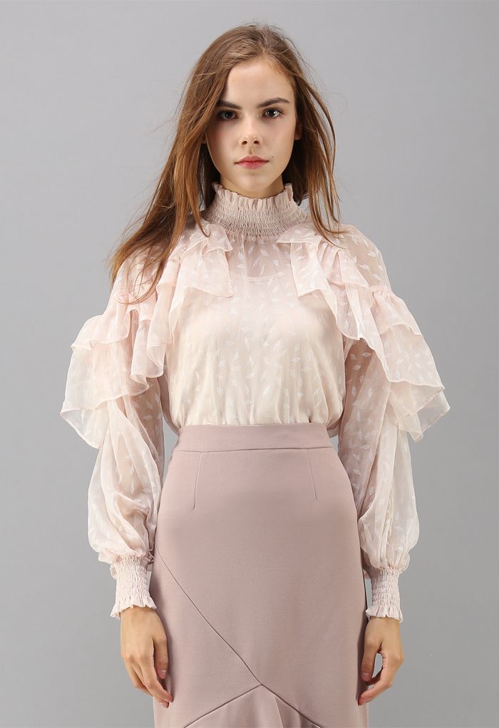 Fallen Leaves Ruffle Sheer Top in Pink