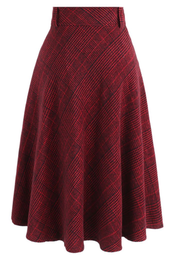 Houndstooth Check Wool-blend A-line Skirt in Red - Retro, Indie and ...