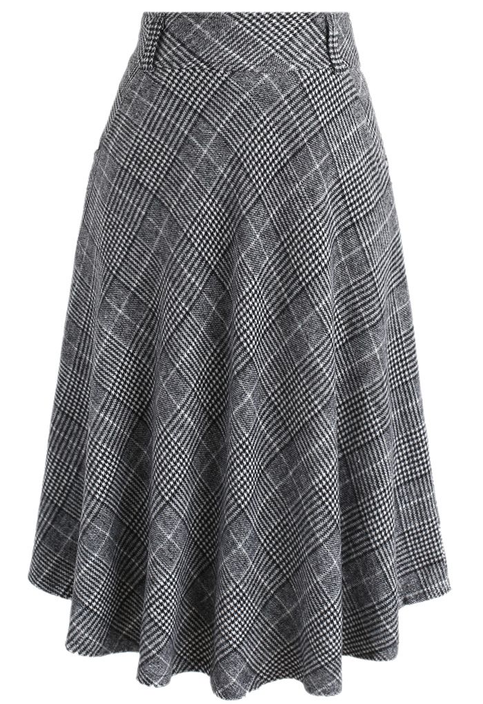 Houndstooth Check Wool-blend A-line Skirt in Grey - Retro, Indie and ...