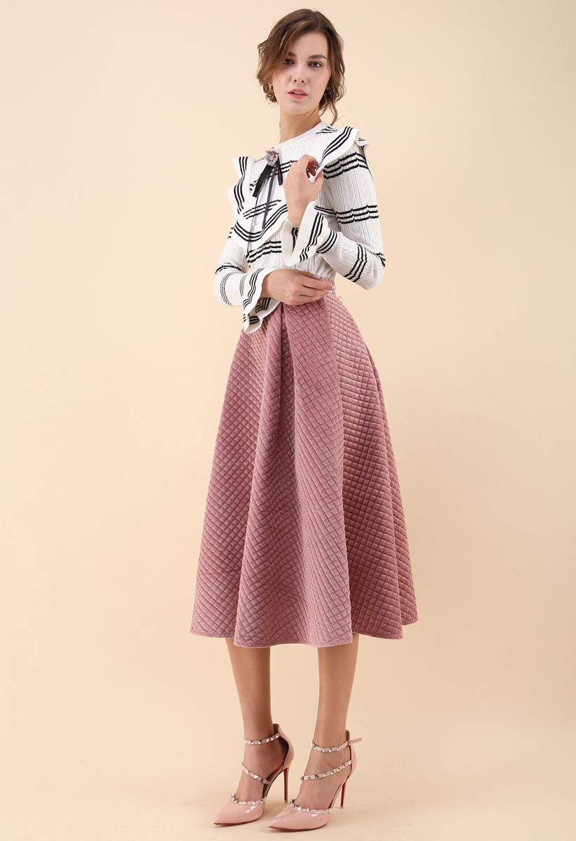 Fancy Sheen Quilted Velvet Skirt in Pink - Retro, Indie and Unique Fashion