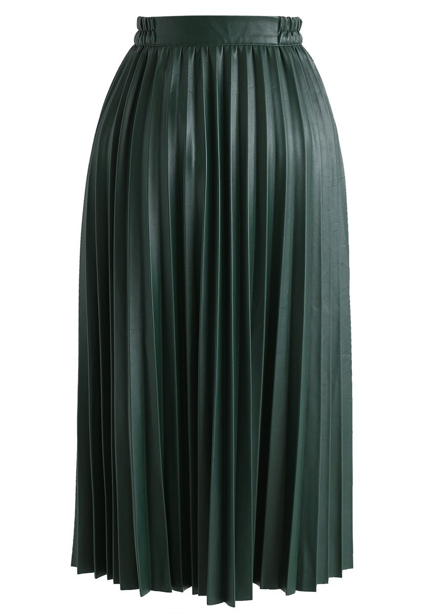 Faddish Gloss Pleated Faux Leather A-Line Skirt in Dark Green - Retro ...