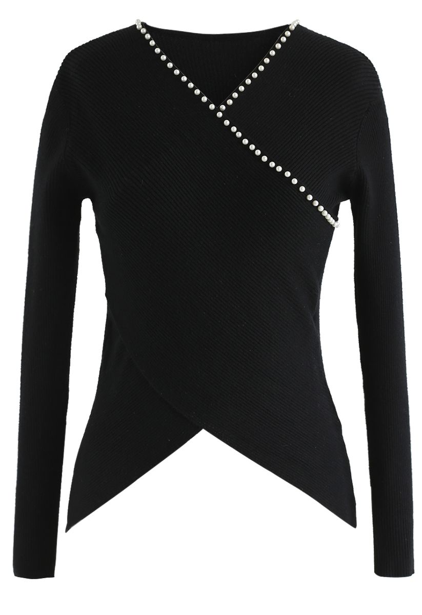 Pearls Lover Wrapped Knit Top in Black - Retro, Indie and Unique Fashion