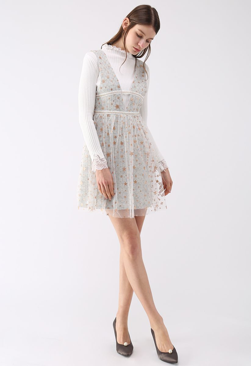 Beaming Star Tweed Mesh Twinset Dress in White - Retro, Indie and ...