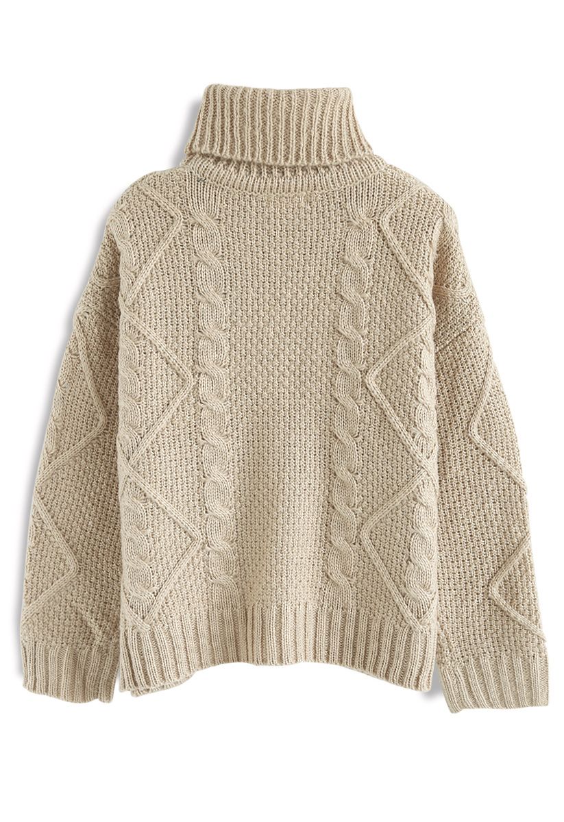 Wintry Fascination Cable Knit Turtleneck Sweater in Sand - Retro, Indie ...