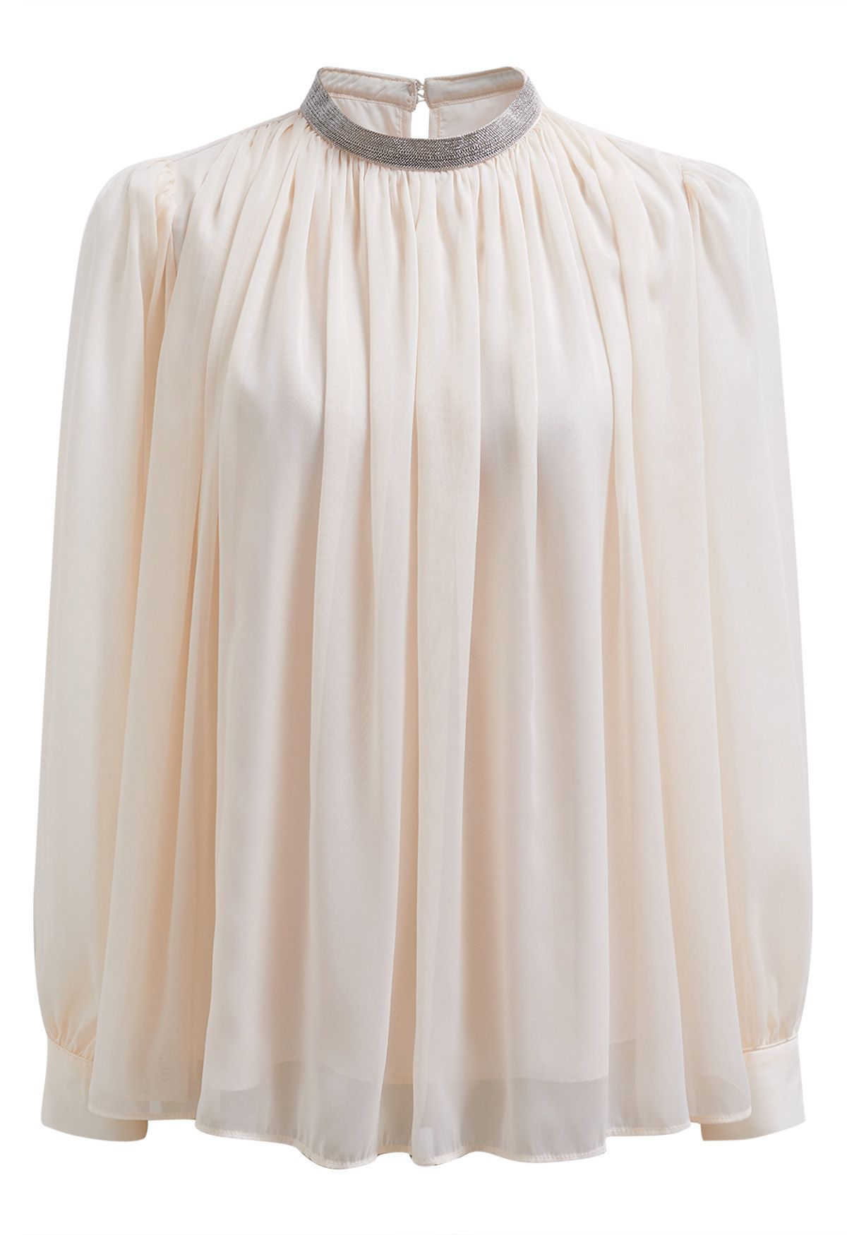 Sparkling Beaded Neckline Sheer Top in Light Pink