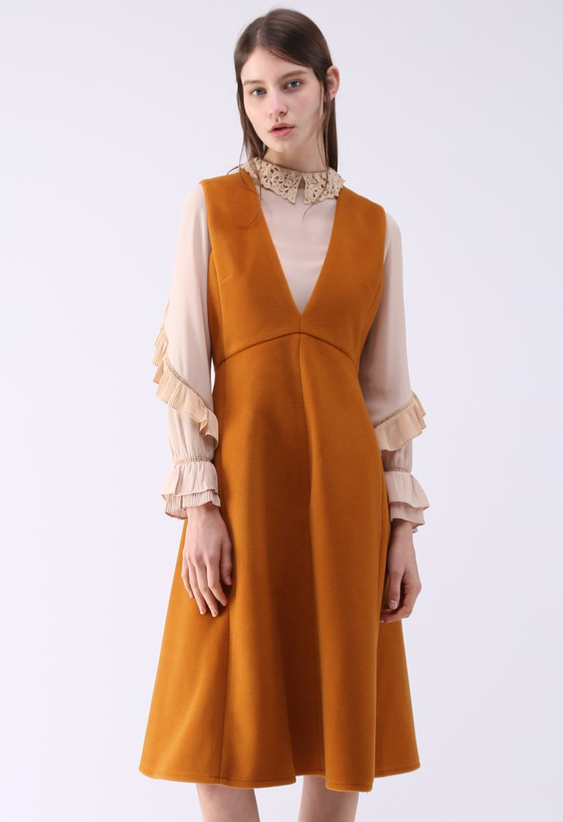 Demure V-Neck Sleeveless Dress in Tan
