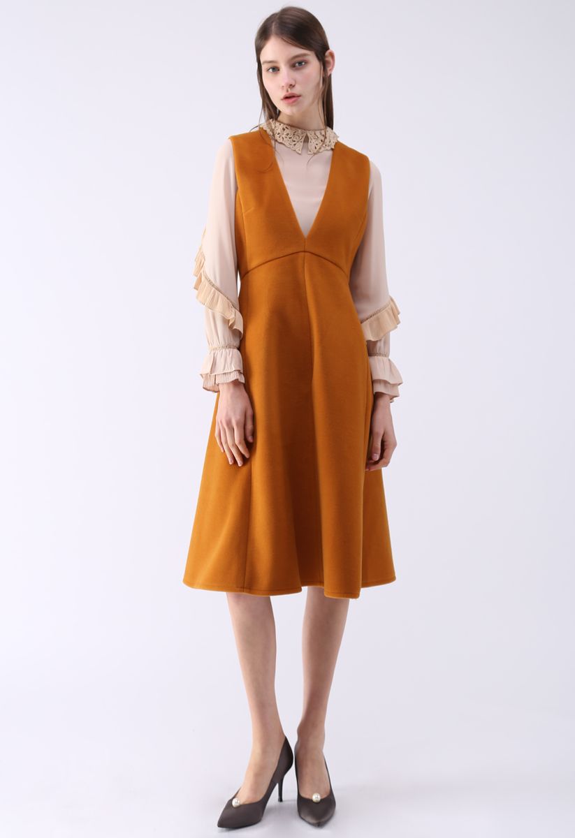 Demure V-Neck Sleeveless Dress in Tan
