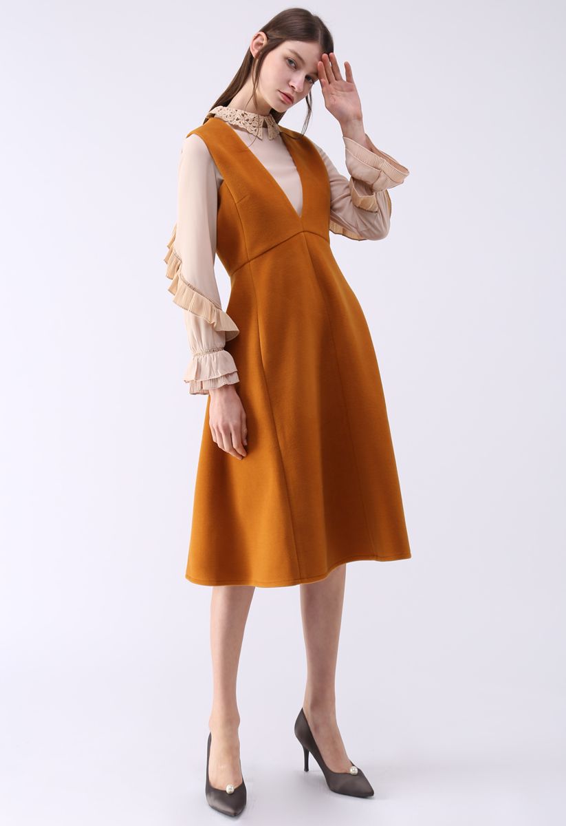 Demure V-Neck Sleeveless Dress in Tan - Retro, Indie and Unique Fashion
