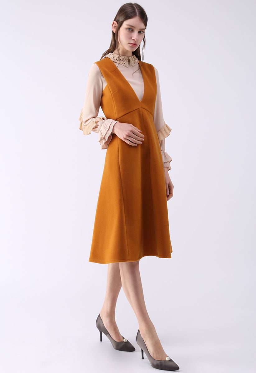 Demure V-Neck Sleeveless Dress in Tan
