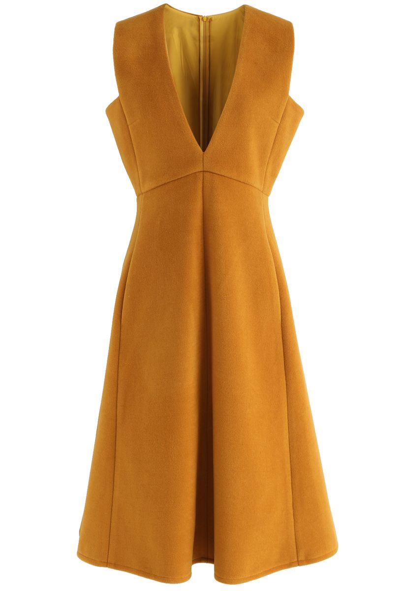 Demure V-Neck Sleeveless Dress in Tan
