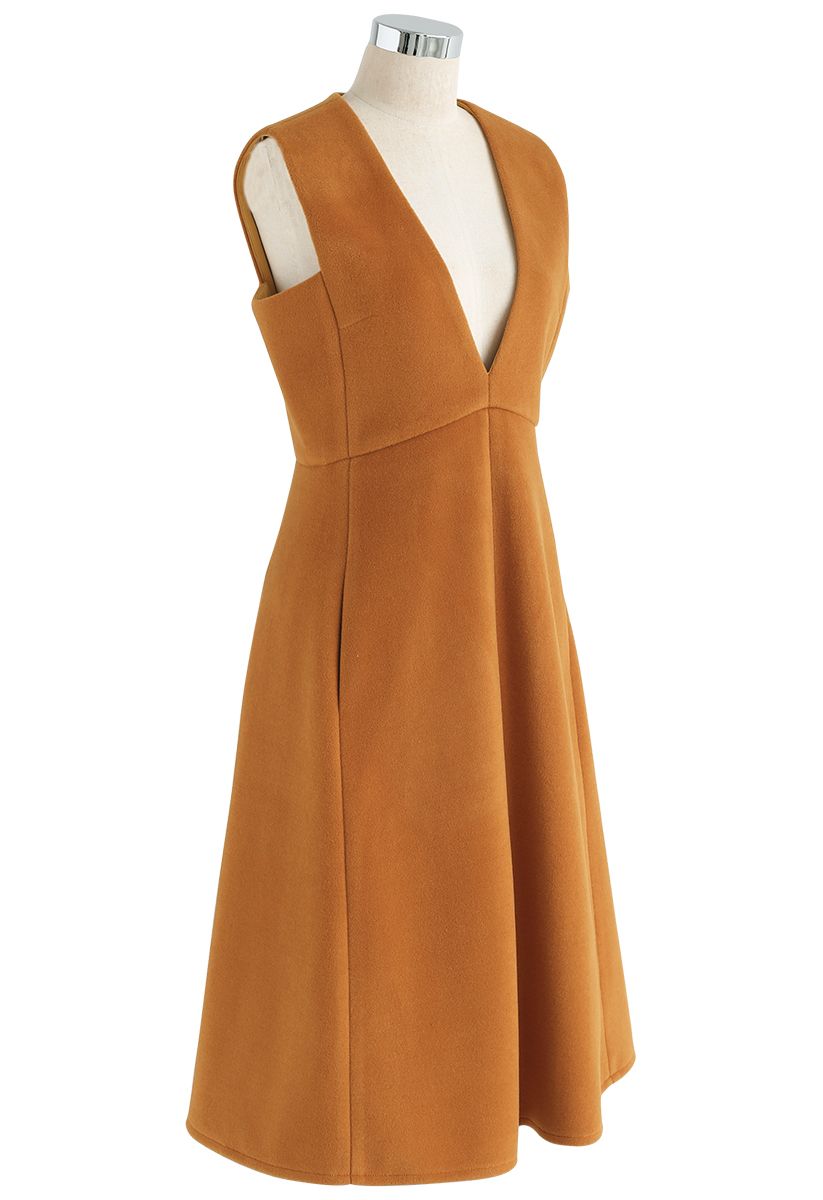 Demure V-Neck Sleeveless Dress in Tan
