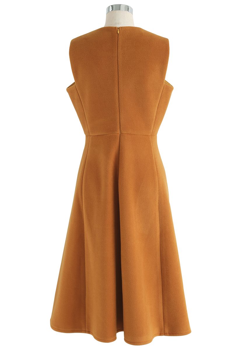 Demure V-Neck Sleeveless Dress in Tan
