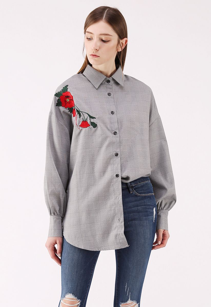 Check Whim Floral Embroidered Oversize Shirt - Retro, Indie and Unique ...