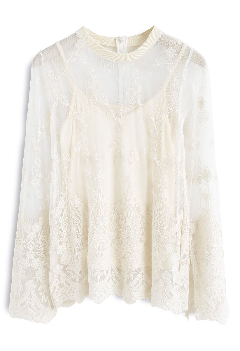 Alluring Sheer Mesh Lace Top in Ivory - Retro, Indie and Unique Fashion