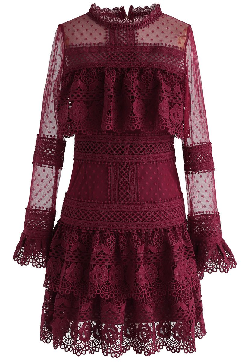 Sweet Destiny Tiered Crochet Mesh Dress in Wine - Retro, Indie and ...