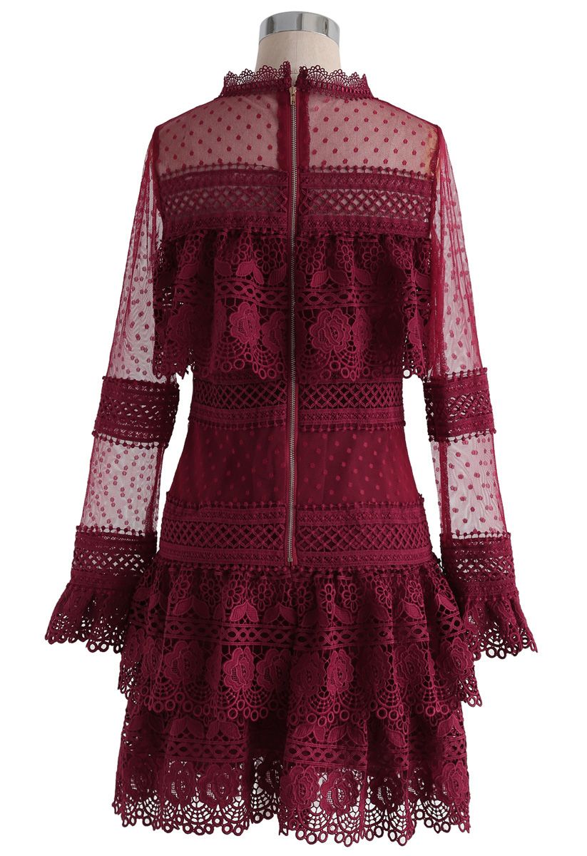 Sweet Destiny Tiered Crochet Mesh Dress in Wine - Retro, Indie and ...