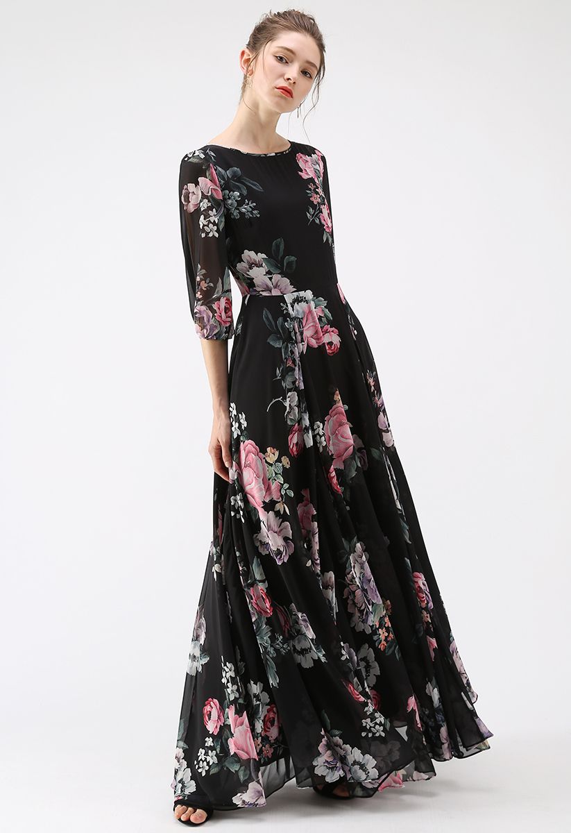Full Bloom Asymmetric Black Floral Printed Maxi Dress - Retro, Indie and  Unique Fashion