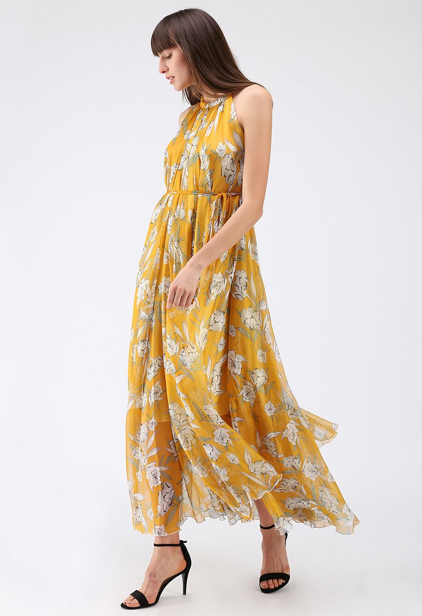 Flower Season Chiffon Maxi Slip Dress in Yellow - Retro, Indie and ...