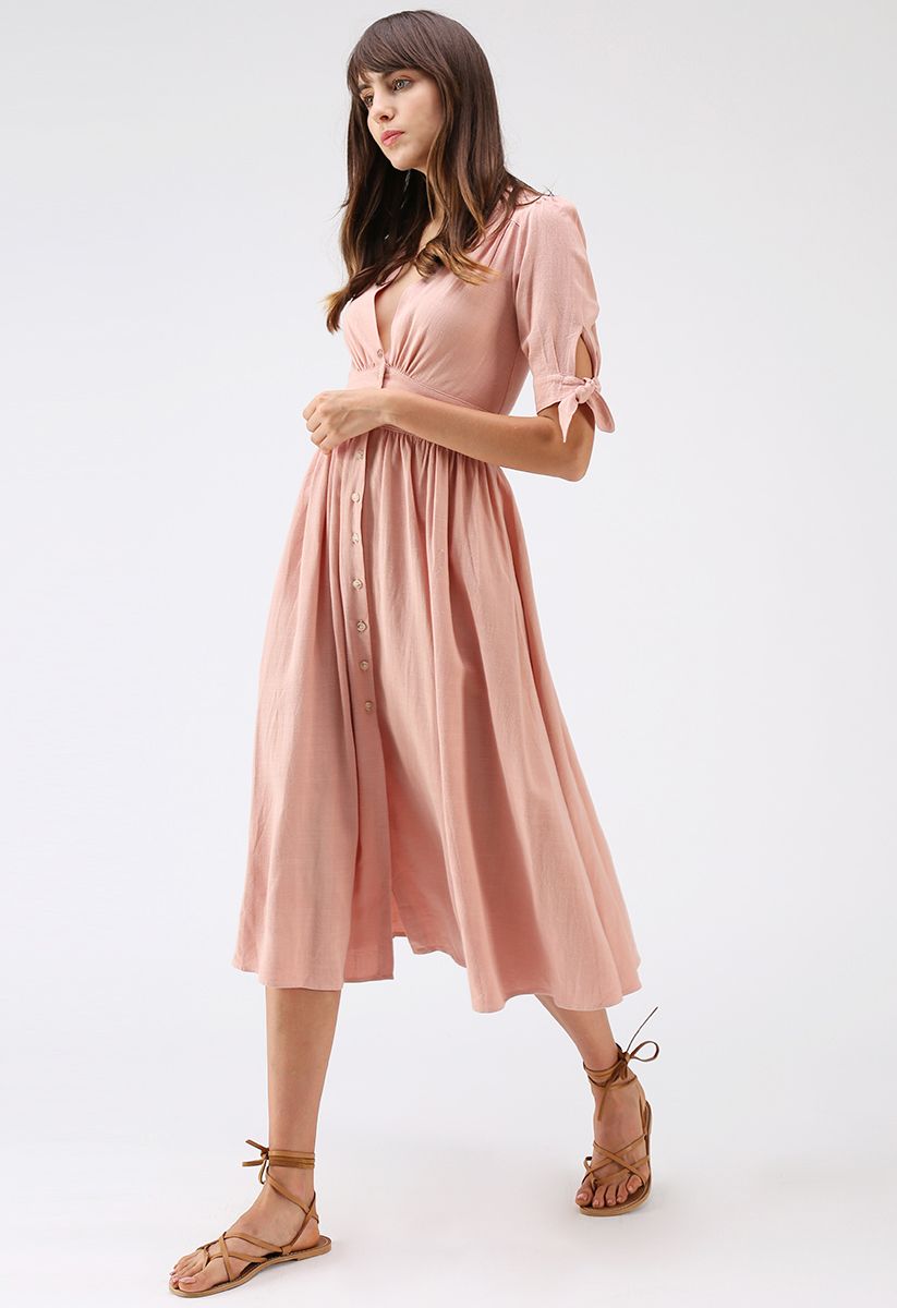 Summer Edition Button Down V-Neck Dress in Peach - Retro, Indie and ...