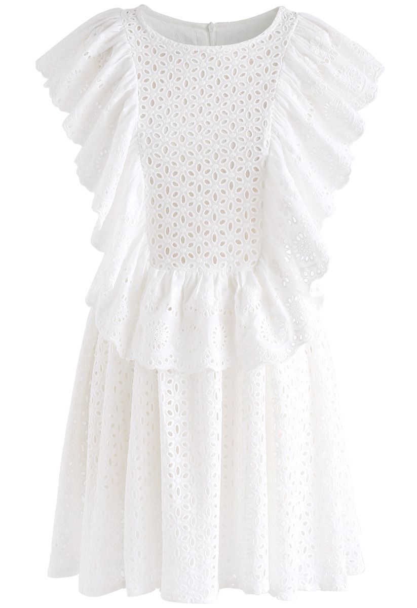 All Eyelet Embroidered Ruffle Sleeveless Dress in White - Retro, Indie ...