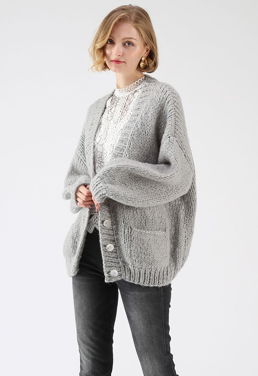 Pause for the Cozy Chunky Hand Knit Cardigan in Grey - Retro