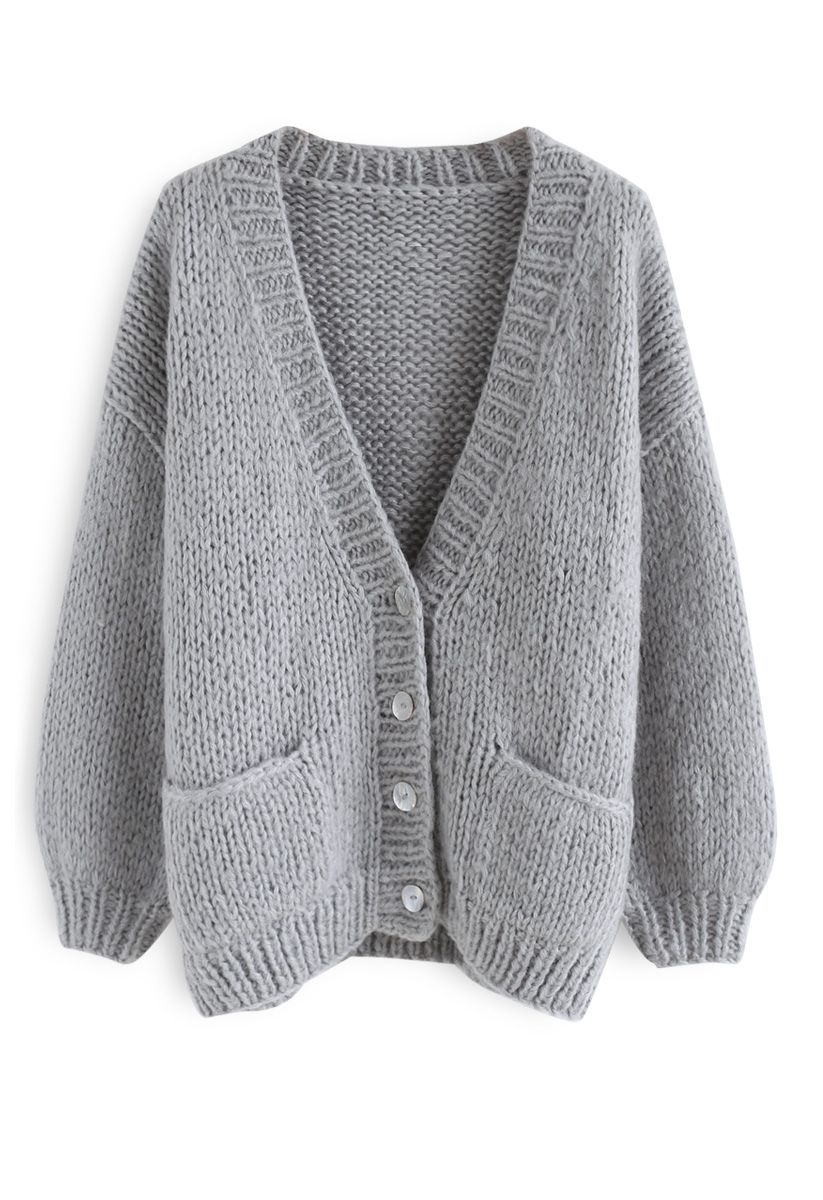 Cozy Chunky Hand Knit Cardigan in Grey 