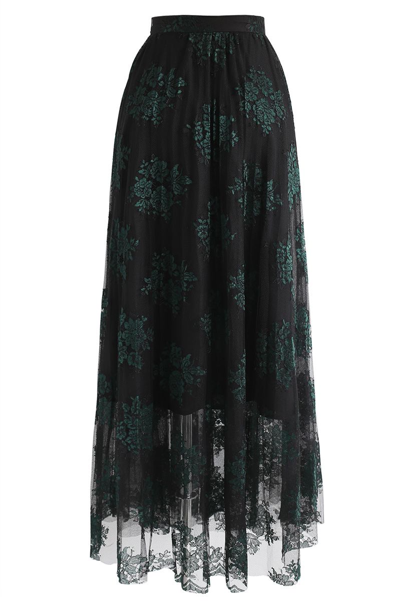 Bouquets Full Lace Maxi Skirt in Black