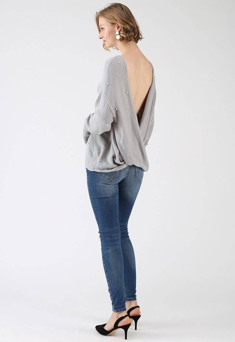 Dashing Foundation Open Back Fluffy Knit Sweater in Grey