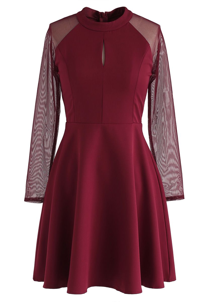 Elegant Edition Mesh Sleeves Dress in Red - Retro, Indie and Unique Fashion
