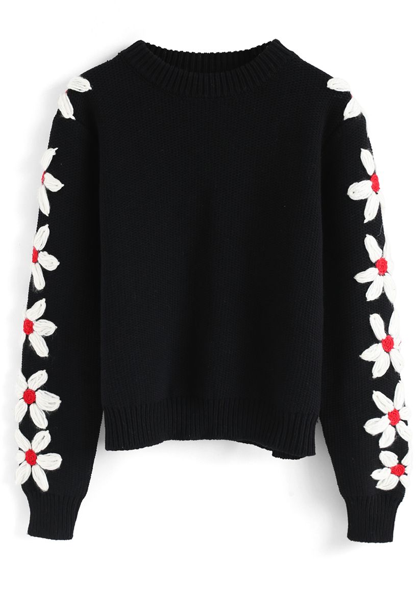 Daisy Bloom on Sleeves Knit Sweater in Black - Retro, Indie and Unique ...