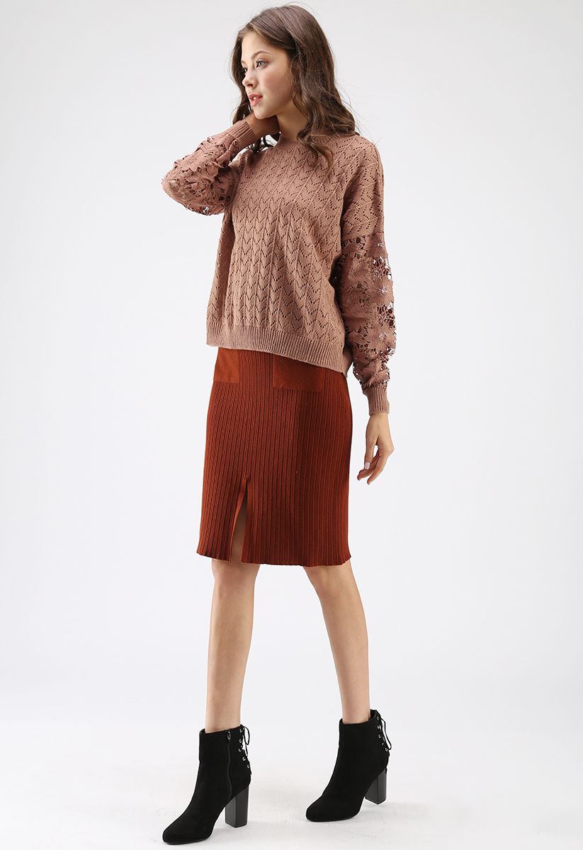 Keep It Real Ribbed Knit Pencil Skirt in Caramel