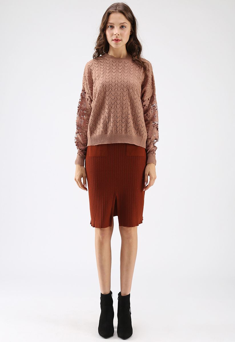 Keep It Real Ribbed Knit Pencil Skirt in Caramel