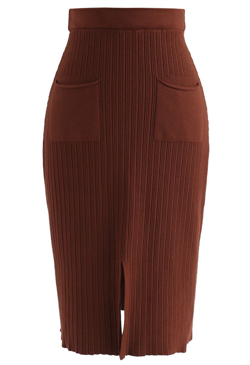 Keep It Real Ribbed Knit Pencil Skirt in Caramel