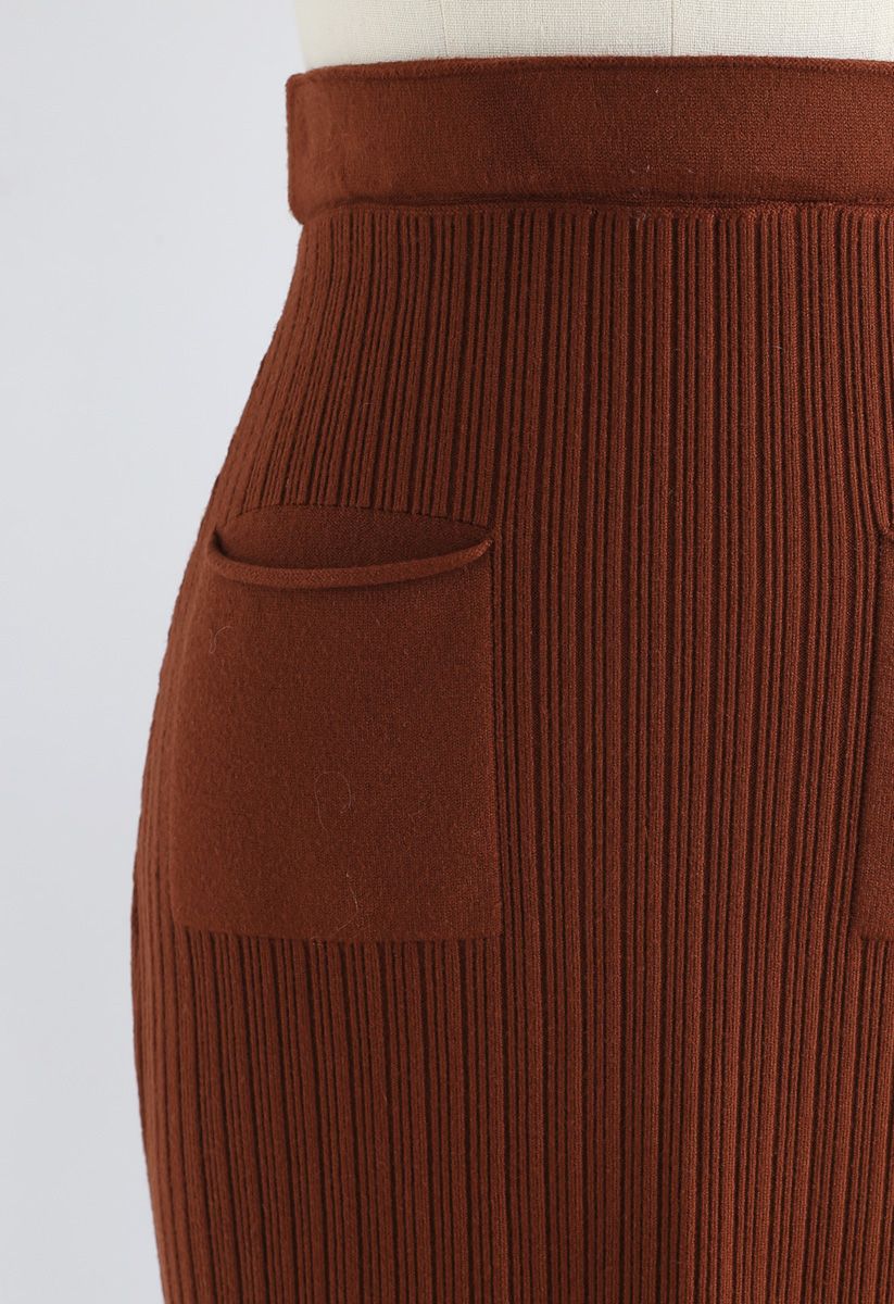 Keep It Real Ribbed Knit Pencil Skirt in Caramel