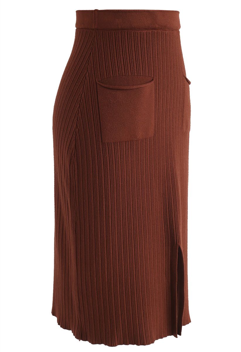 Keep It Real Ribbed Knit Pencil Skirt in Caramel