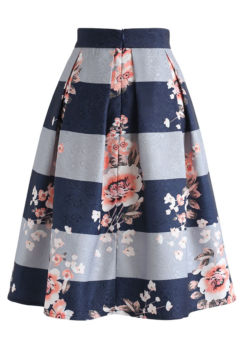 Joy to the World Stripe Floral Midi Skirt - Retro, Indie and Unique Fashion