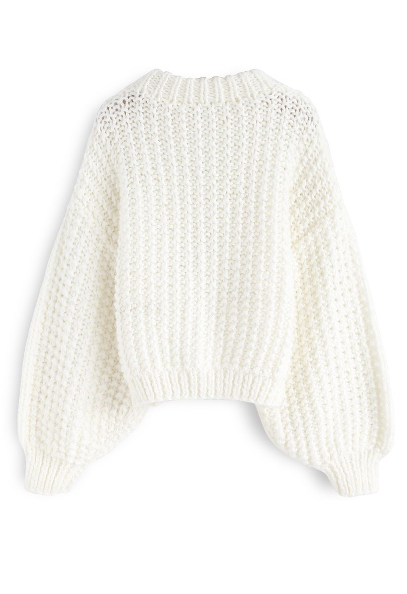 Chunky Chunky Puff Sleeves Cropped Sweater in White - Retro, Indie and ...