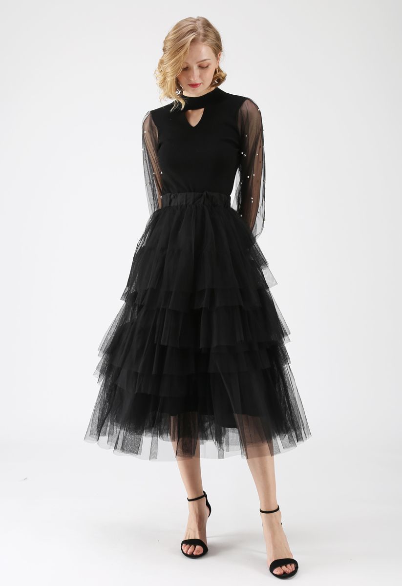 black tiered tulle midi skirt