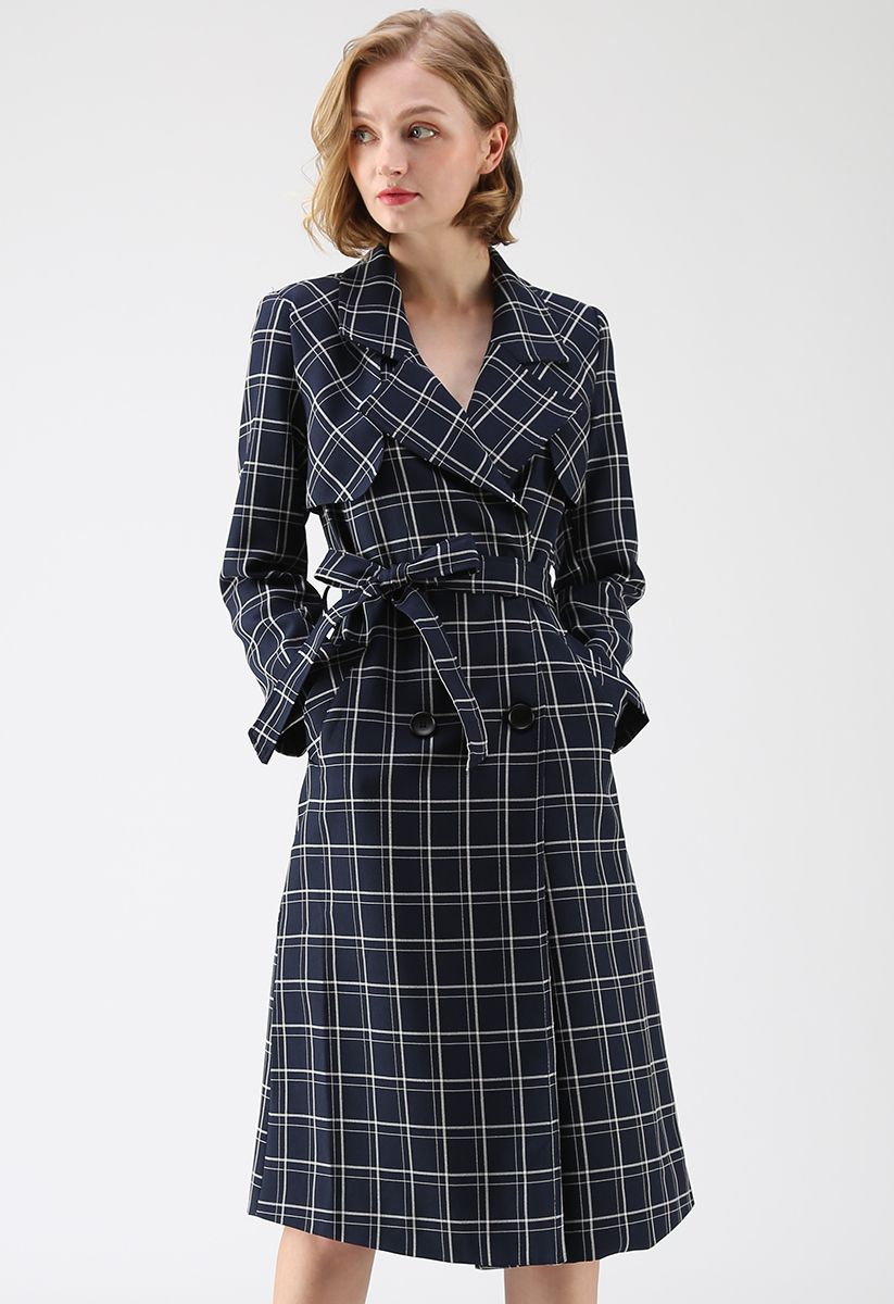 Wander My Way Grid Trench Coat in Navy - Retro, Indie and Unique Fashion