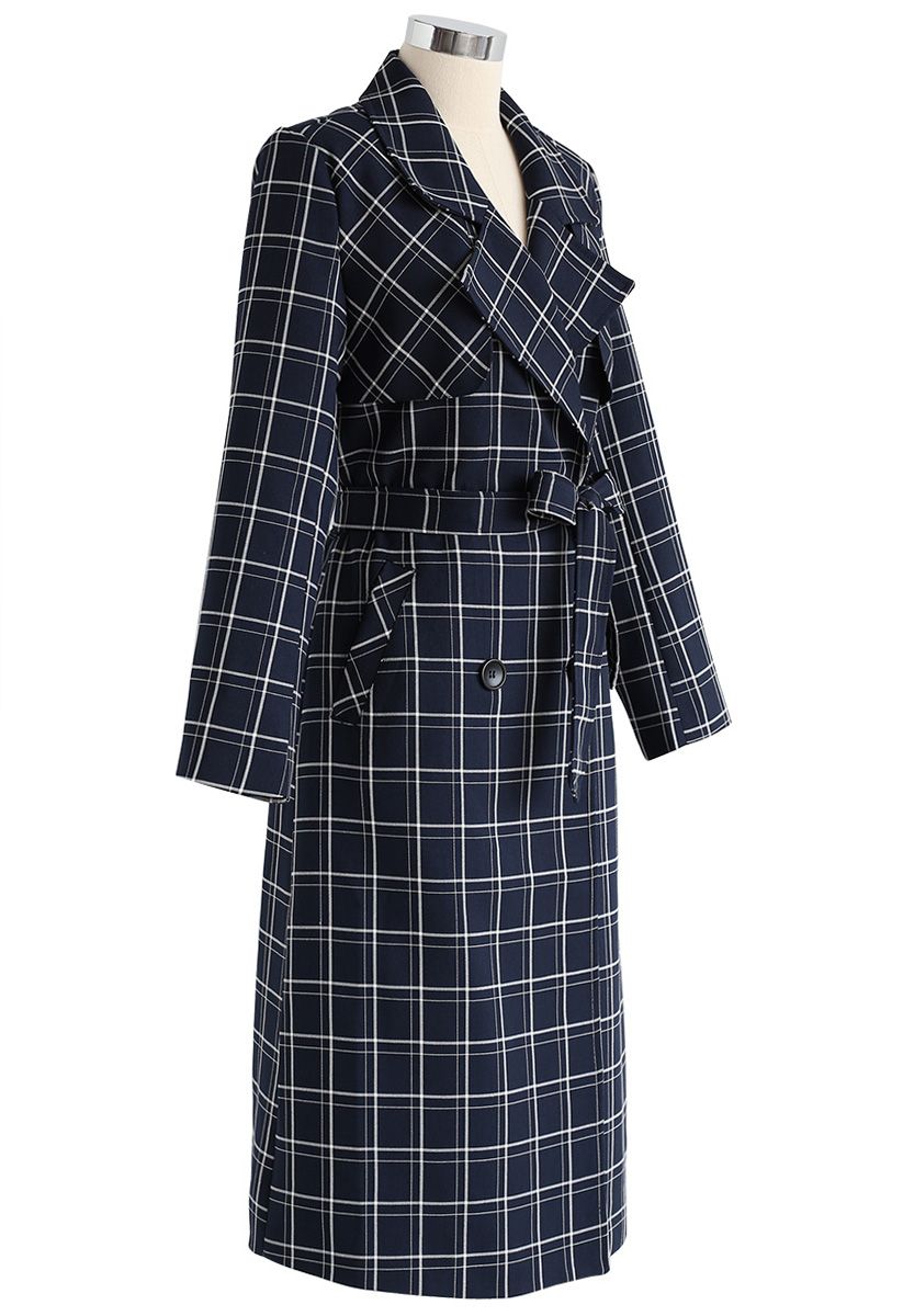 Wander My Way Grid Trench Coat in Navy - Retro, Indie and Unique Fashion