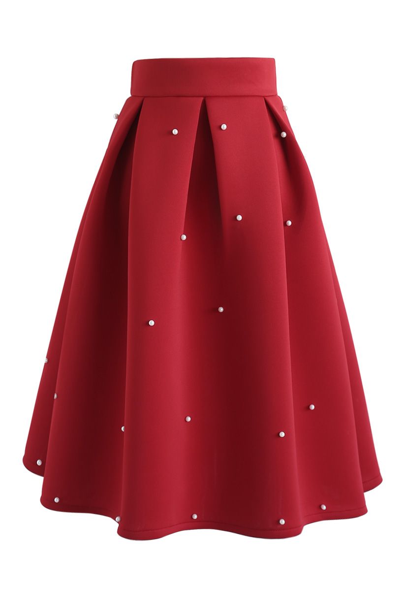 Pearls Bliss Airy Pleated Midi Skirt in Red - Retro, Indie and