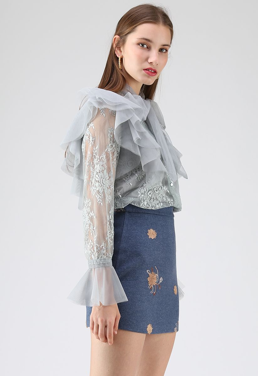 Floral and Ruffle Bowknot Lace Top in Dusty Blue - Retro, Indie and ...